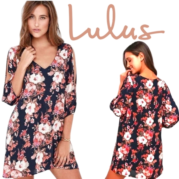 Lulus Shifting Dears Navy Blue Floral Print Shift Dress V-neck Long Sleeves SM - Picture 1 of 15